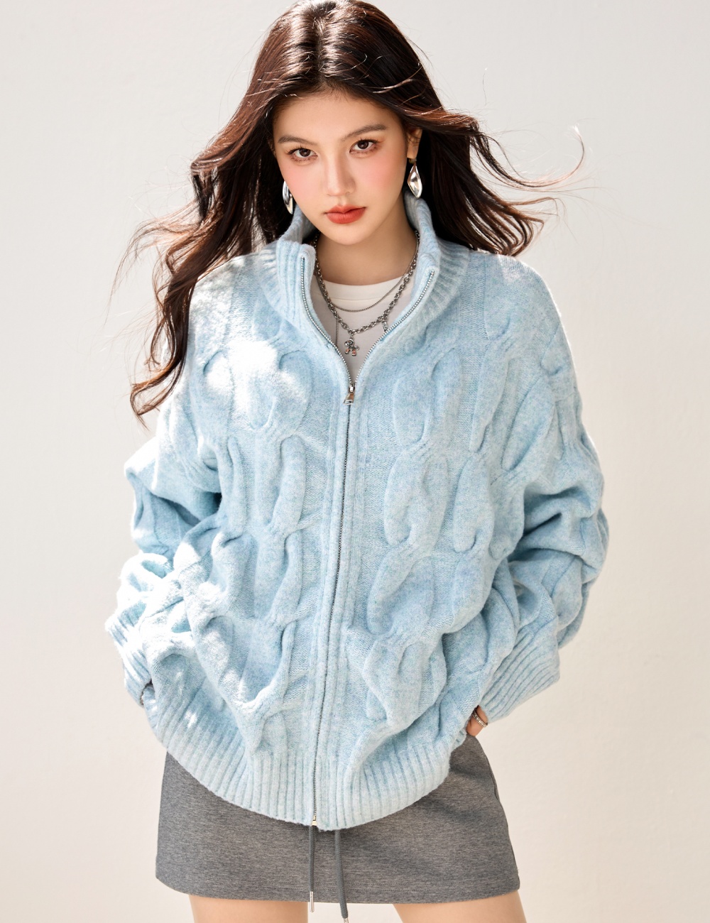 Autumn and winter sweater blue cardigan for women