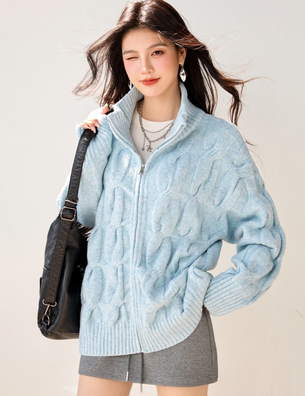 Autumn and winter sweater blue cardigan for women