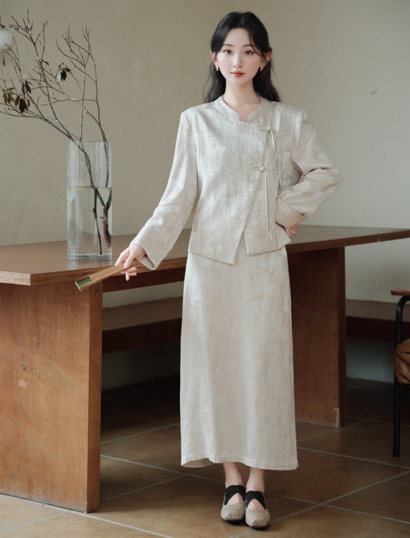 Apricot Chinese style tops autumn and winter skirt 2pcs set