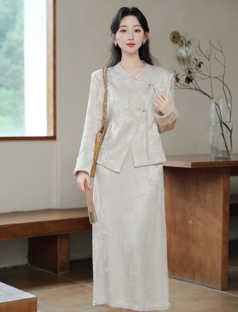 Apricot Chinese style tops autumn and winter skirt 2pcs set