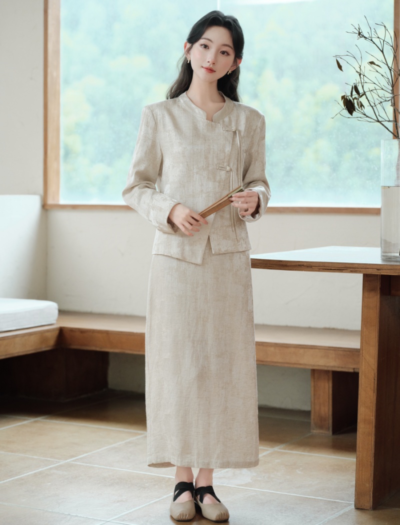 Apricot Chinese style tops autumn and winter skirt 2pcs set