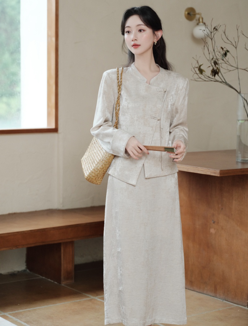 Apricot Chinese style tops autumn and winter skirt 2pcs set