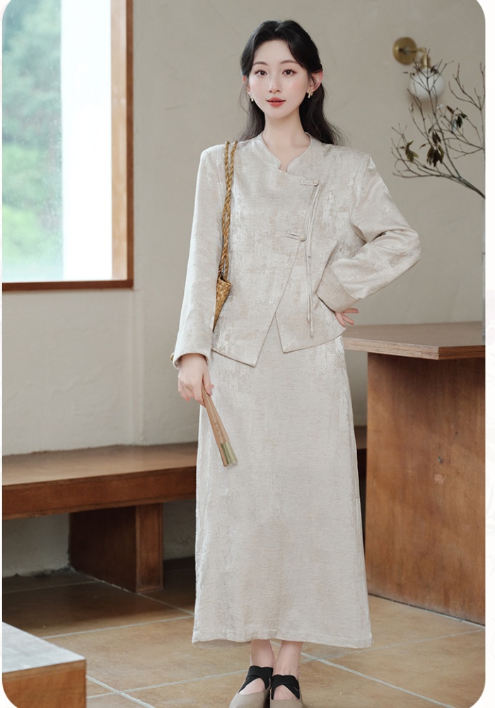 Apricot Chinese style tops autumn and winter skirt 2pcs set