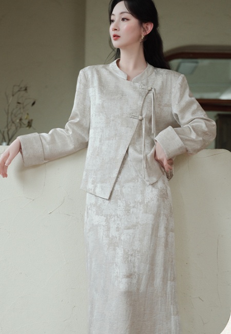 Apricot Chinese style tops autumn and winter skirt 2pcs set