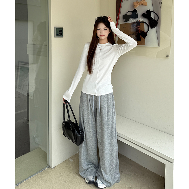 White slim simple tops splice autumn wide leg pants