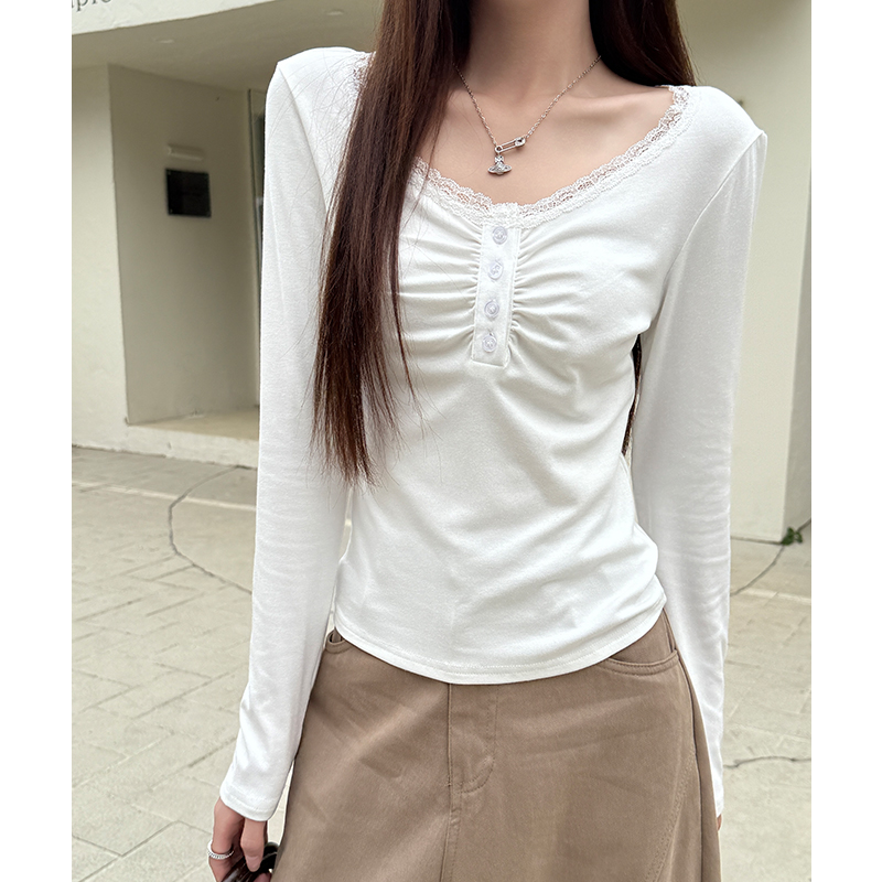 White slim intellectuality sweet fold buckle lace tops