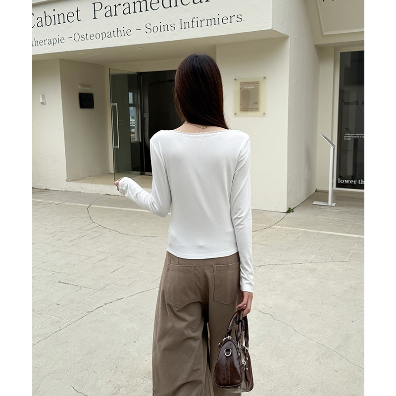 White slim intellectuality sweet fold buckle lace tops