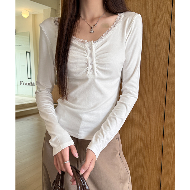 White slim intellectuality sweet fold buckle lace tops