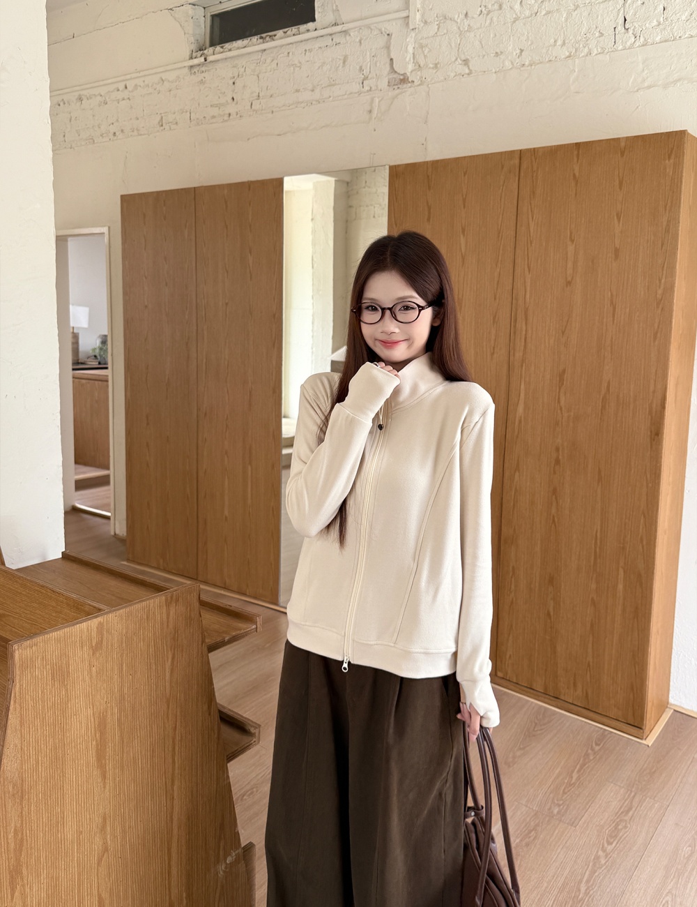 Plus velvet coat half high collar hoodie for women