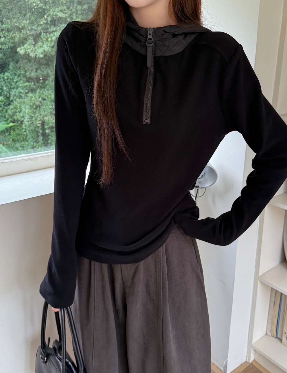 Half zip bottoming shirt inside the ride T-shirt for women