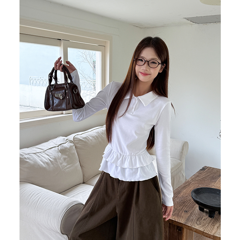Lace slim T-shirt long sleeve splice bottoming shirt