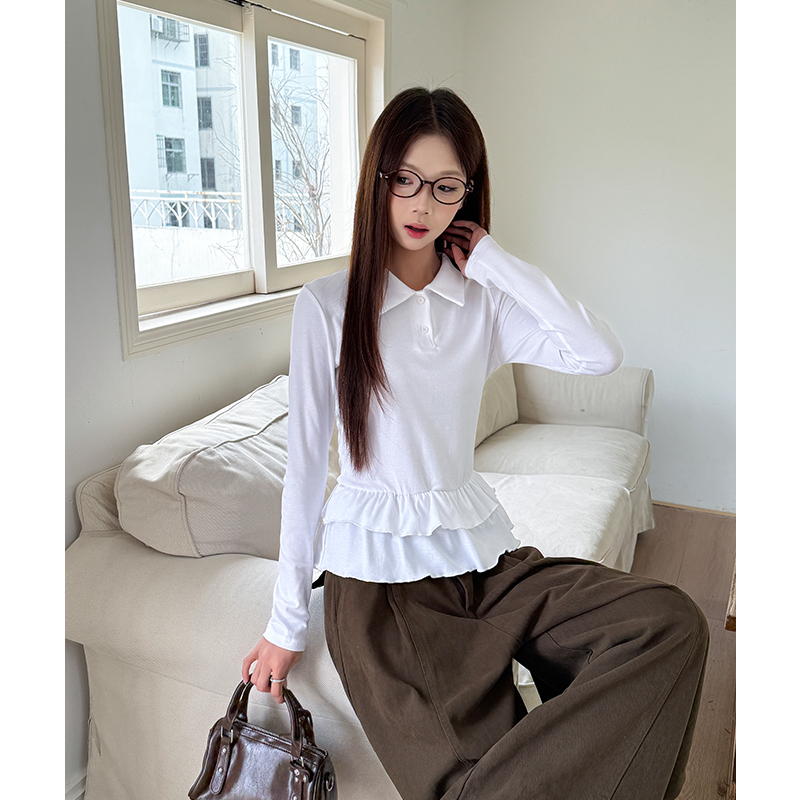 Lace slim T-shirt long sleeve splice bottoming shirt