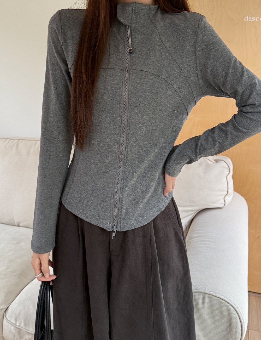 Gray plus velvet thick winter zip short T-shirt for women