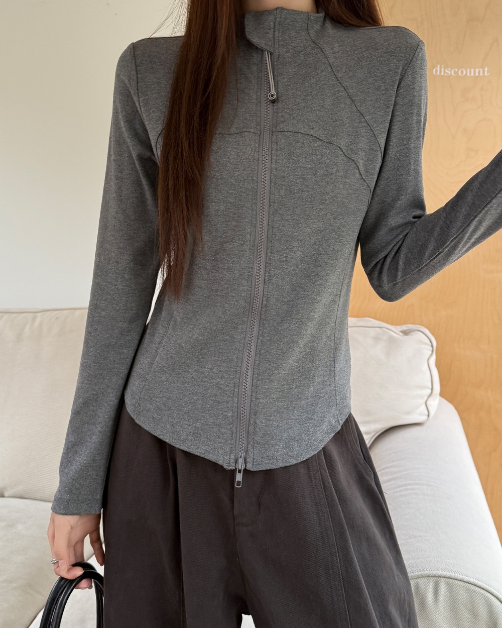 Gray plus velvet thick winter zip short T-shirt for women