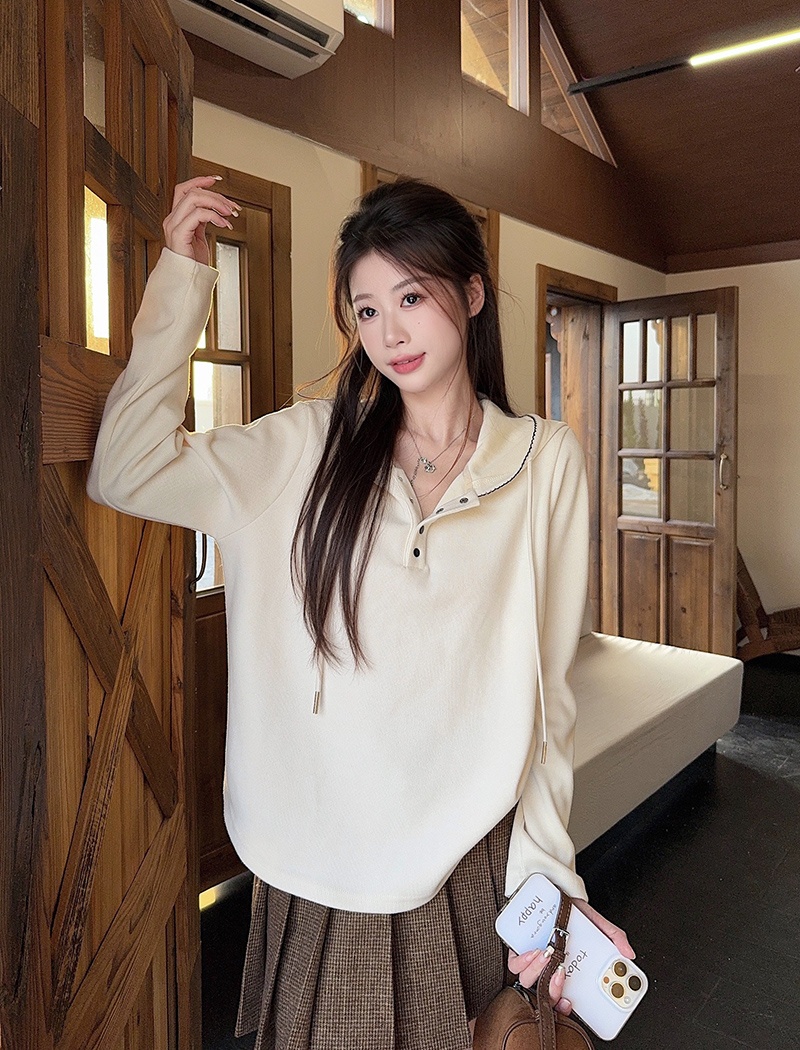 Loose spring and autumn tops pure hooded T-shirt for women