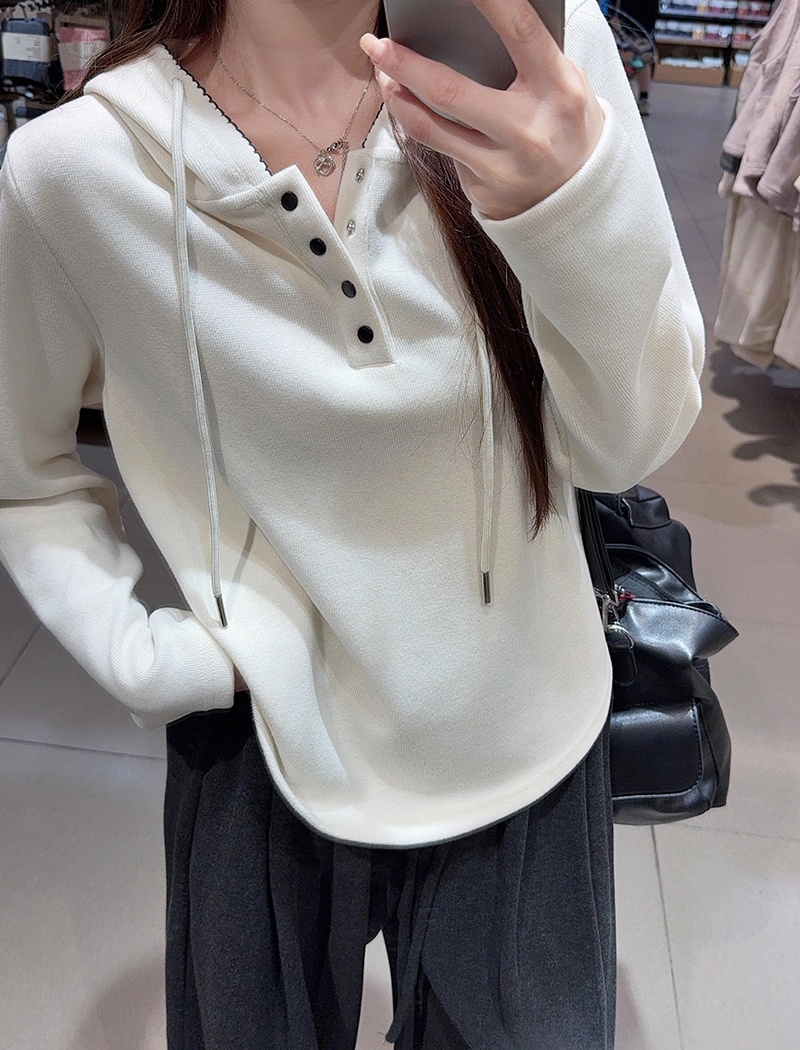 Loose spring and autumn tops pure hooded T-shirt for women