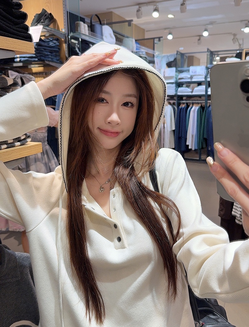 Loose spring and autumn tops pure hooded T-shirt for women