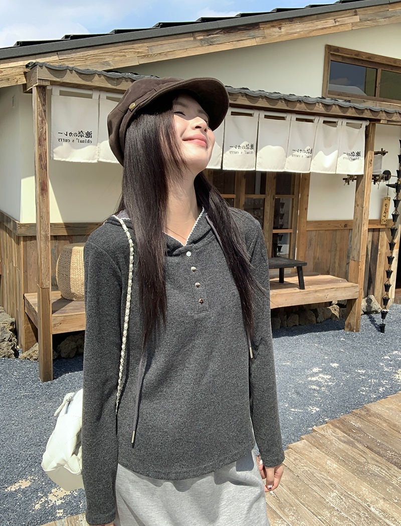 Loose spring and autumn tops pure hooded T-shirt for women