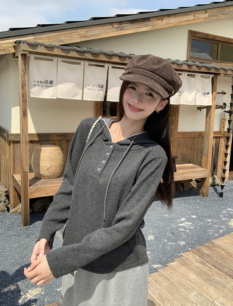 Loose spring and autumn tops pure hooded T-shirt for women