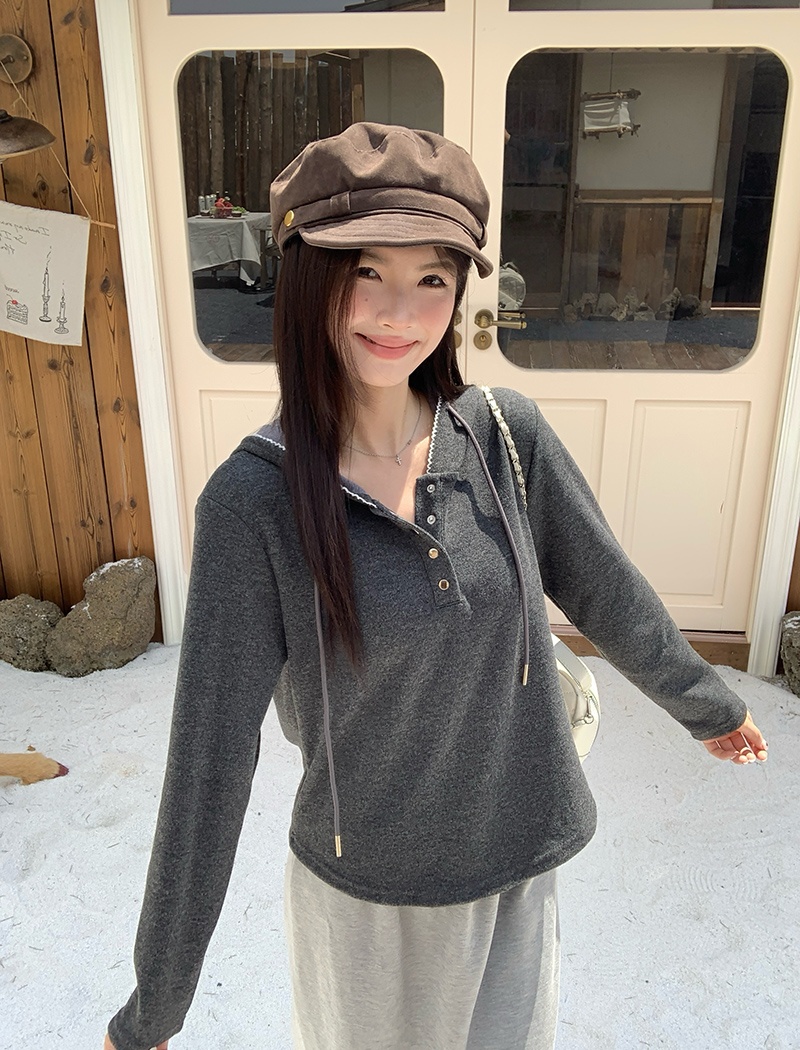 Loose spring and autumn tops pure hooded T-shirt for women