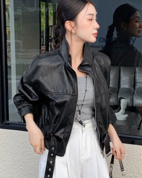 Fashion coat pinched waist leather coat for women