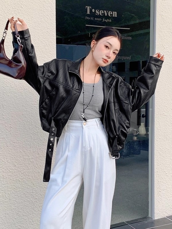 Fashion coat pinched waist leather coat for women