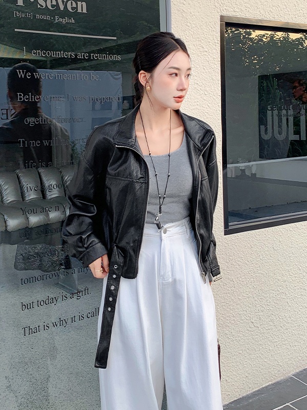 Fashion coat pinched waist leather coat for women