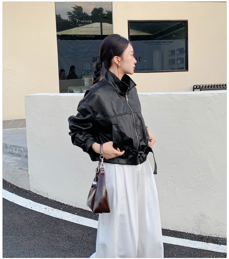 Fashion coat pinched waist leather coat for women