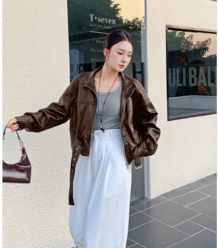 Fashion coat pinched waist leather coat for women