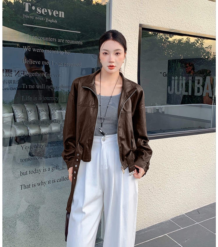 Fashion coat pinched waist leather coat for women