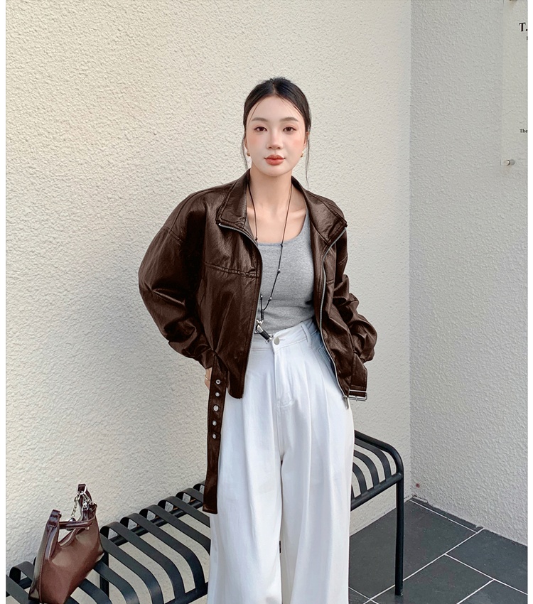 Fashion coat pinched waist leather coat for women