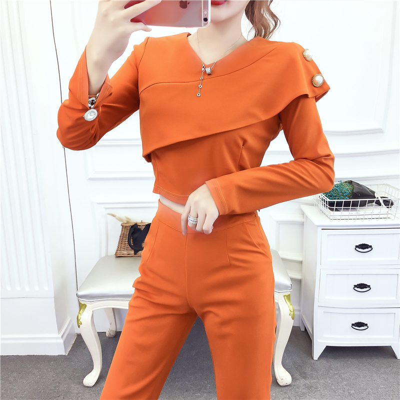 Temperament short long pants autumn and winter tops a set