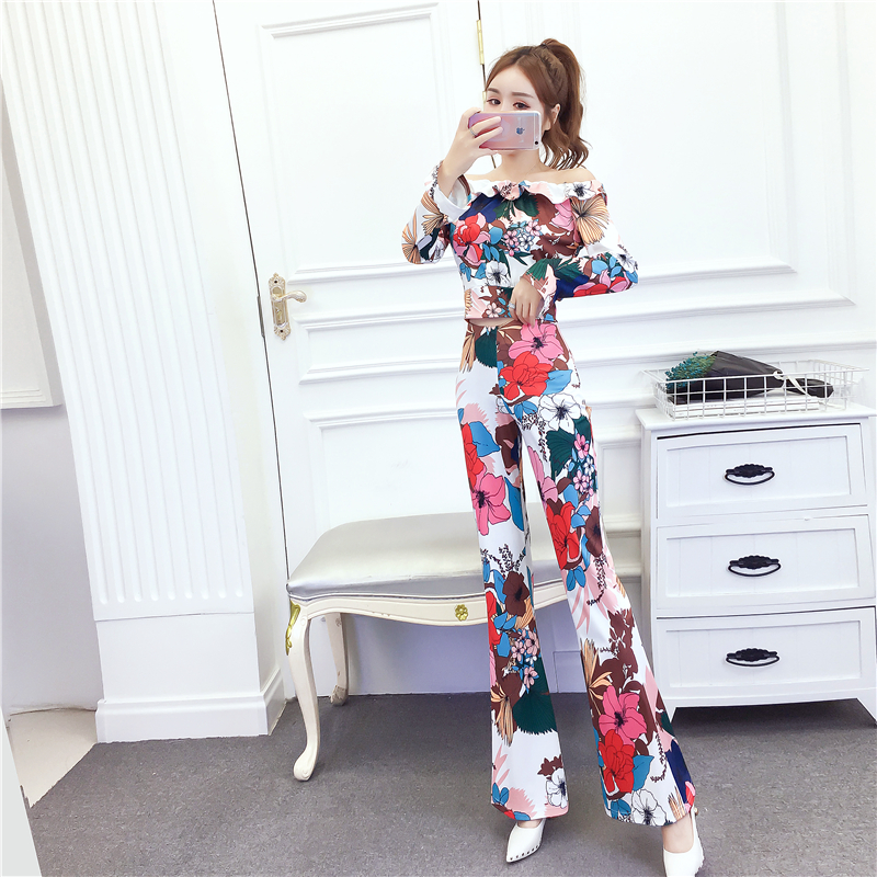 Fashion printing tops slim autumn and winter long pants a set