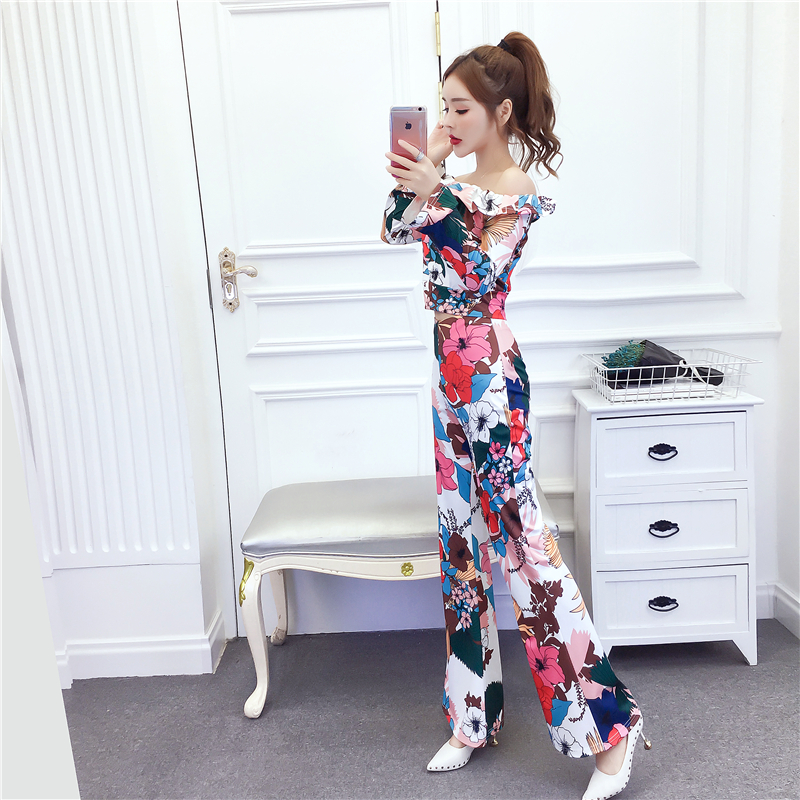Fashion printing tops slim autumn and winter long pants a set