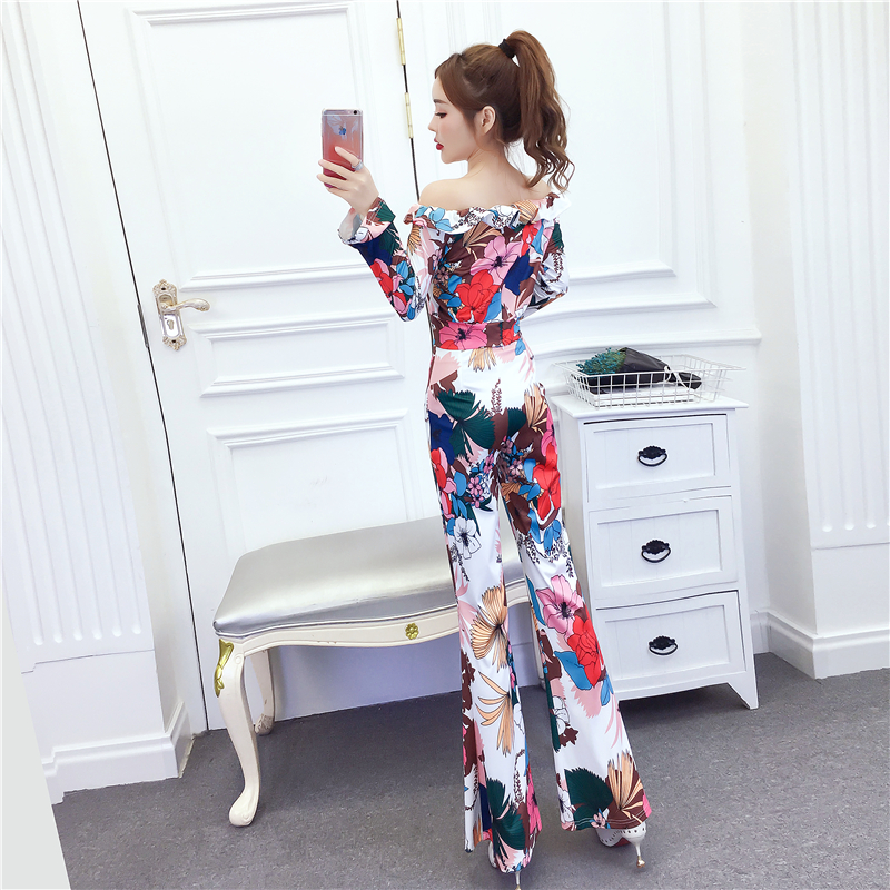 Fashion printing tops slim autumn and winter long pants a set