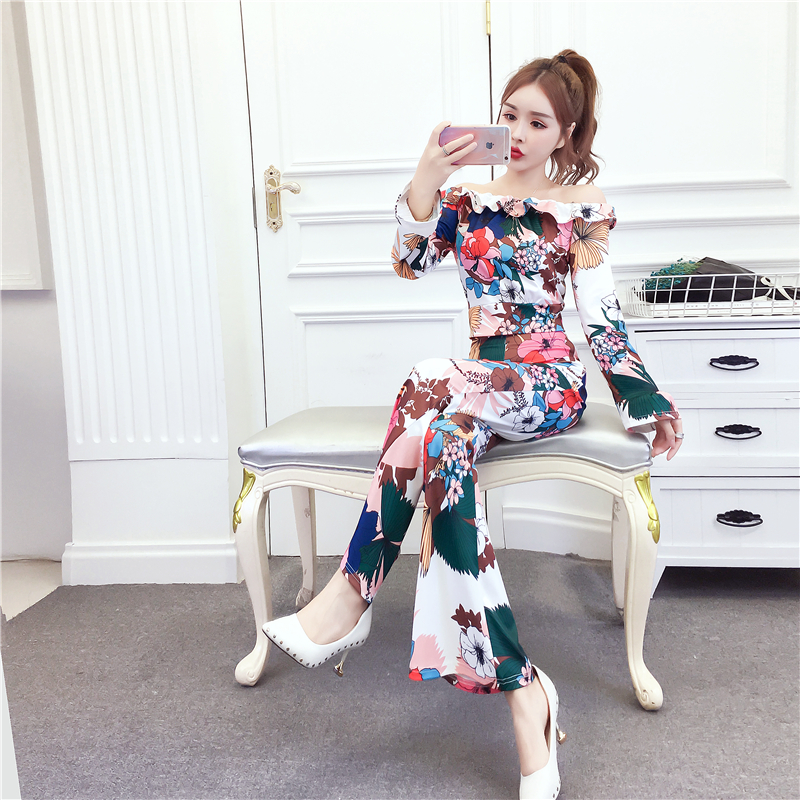 Fashion printing tops slim autumn and winter long pants a set