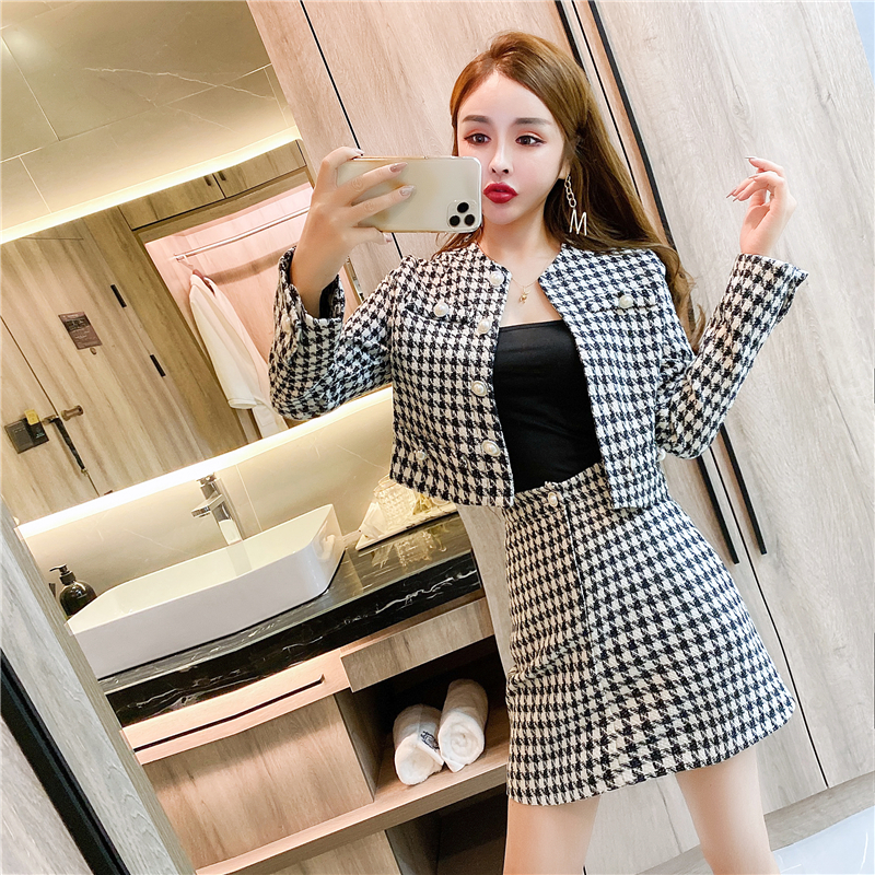 Fashion short skirt houndstooth coat 2pcs set