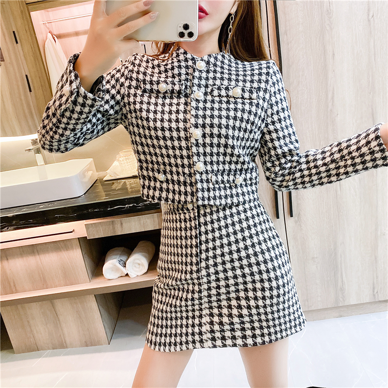 Fashion short skirt houndstooth coat 2pcs set