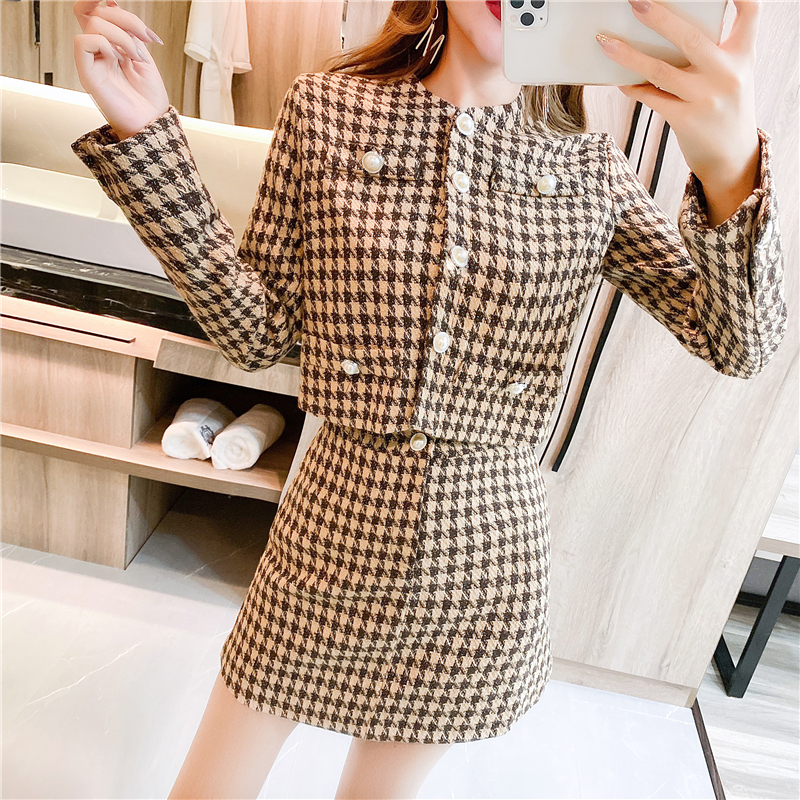 Fashion short skirt houndstooth coat 2pcs set