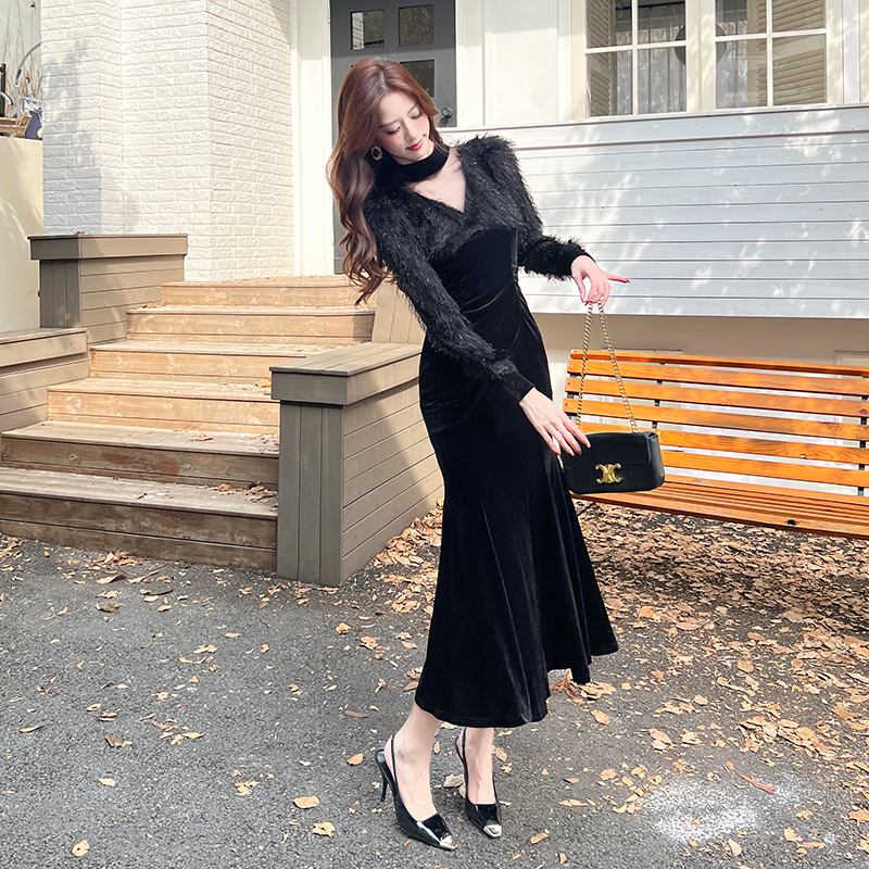 Package hip V-neck long dress temperament dress