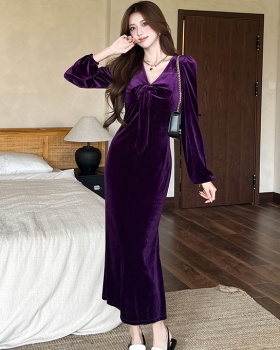 Temperament fashion dress golden velvet autumn long dress
