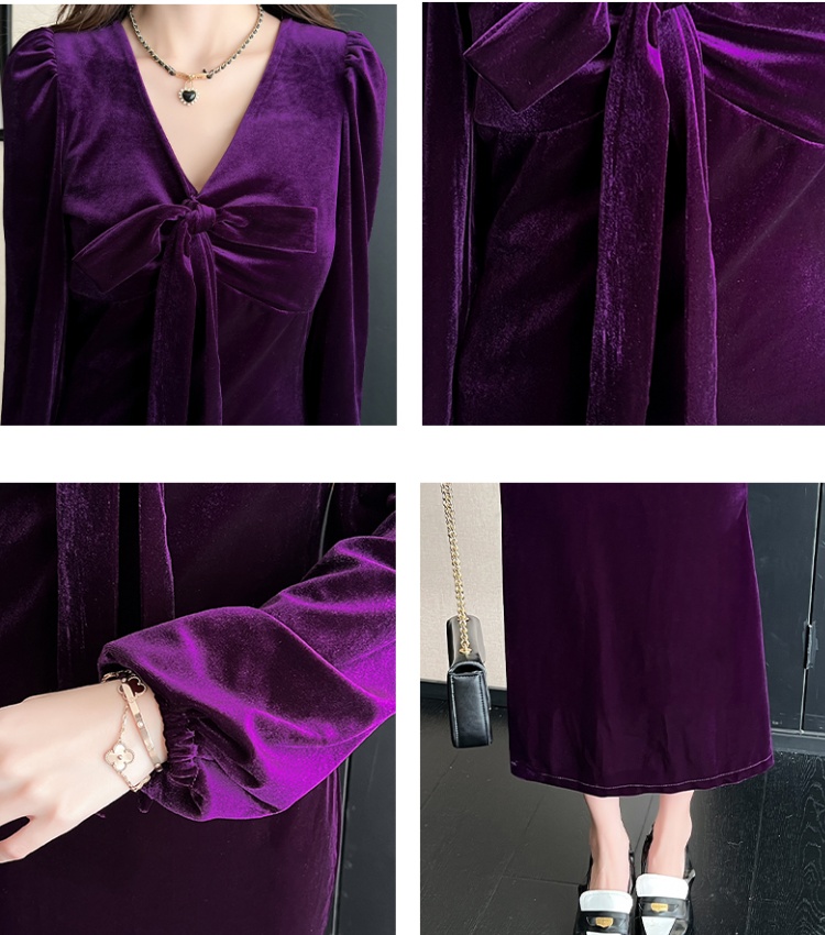 Temperament fashion dress golden velvet autumn long dress