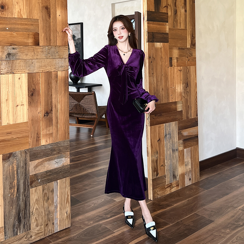 Temperament fashion dress golden velvet autumn long dress