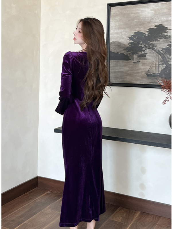 Temperament fashion dress golden velvet autumn long dress