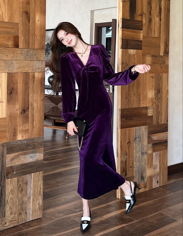 Temperament fashion dress golden velvet autumn long dress