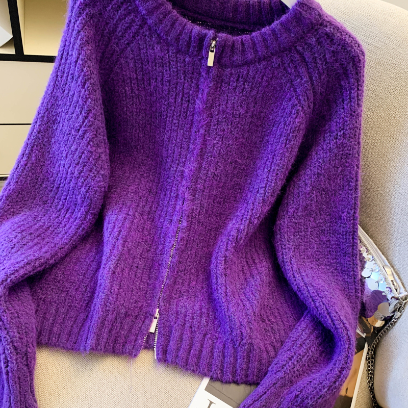 Short knitted sweater double zip lazy coat