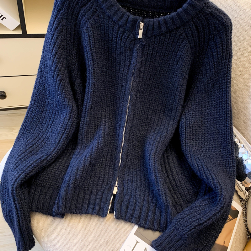 Short knitted sweater double zip lazy coat