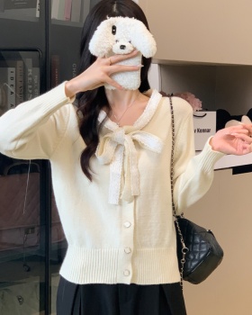 Knitted unique cardigan bow short tops for women