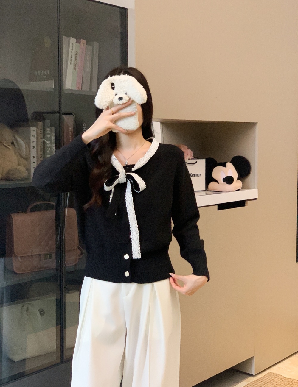 Knitted unique cardigan bow short tops for women