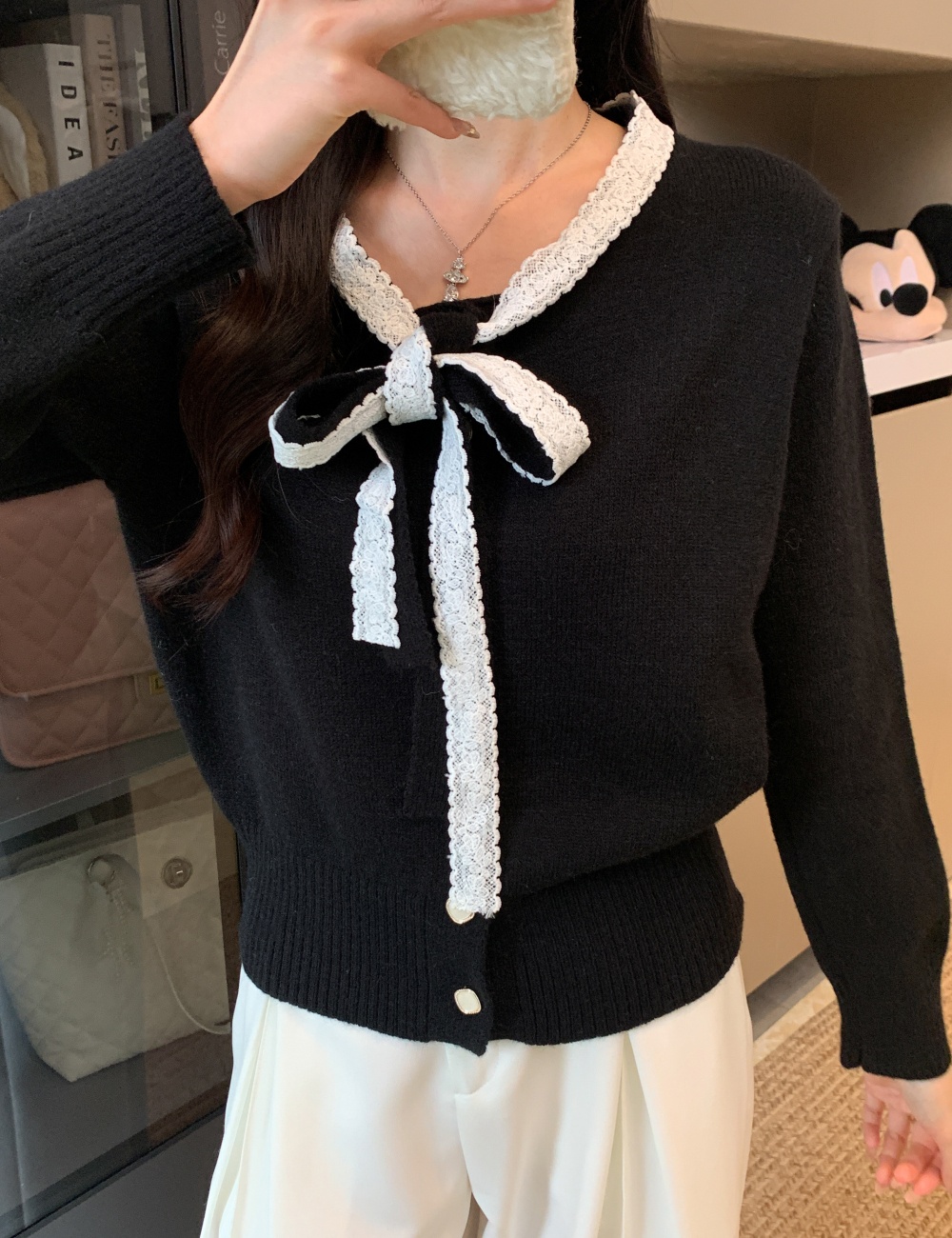 Knitted unique cardigan bow short tops for women